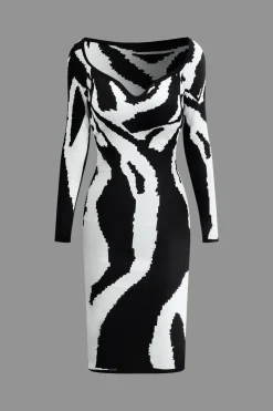 Contrast Knit Long Sleeve Dress