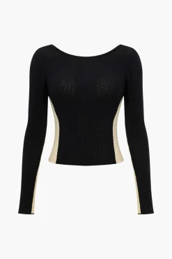 Contrast Knit Backless Patchwork Long-Sleeve Top