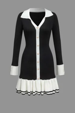 Contrast Knit Bowknot Back Pleated Mini Dress