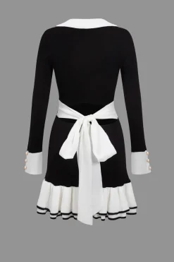 Contrast Knit Bowknot Back Pleated Mini Dress