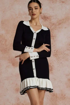 Contrast Knit Bowknot Back Pleated Mini Dress