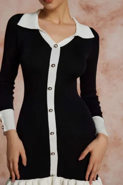 Contrast Knit Bowknot Back Pleated Mini Dress