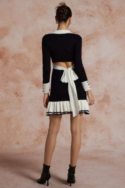 Contrast Knit Bowknot Back Pleated Mini Dress