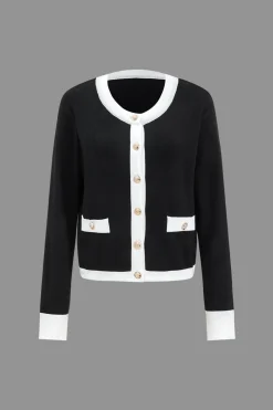 Contrast Knit Button Patchwork Top And Pants Set