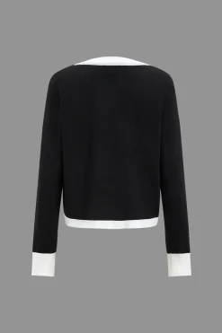 Contrast Knit Button Patchwork Top And Pants Set