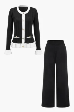 Contrast Knit Button Ruffle Top And Pants Set