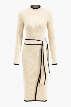 Contrast Knit Tie-Up Long Sleeve Dress