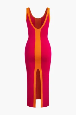 Contrast Knitted Slit Midi Dress