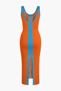 Contrast Knitted Slit Midi Dress