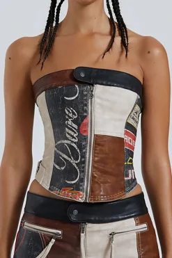 Contrast Letter Print Faux Leather Zipper Strapless Top