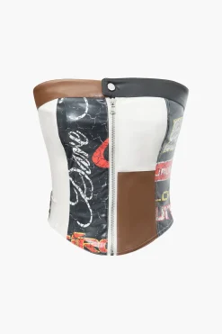 Contrast Letter Print Faux Leather Zipper Strapless Top