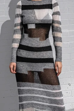 Contrast Long Sleeve Round Neck Open Knit Maxi Dress