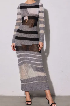 Contrast Long Sleeve Round Neck Open Knit Maxi Dress