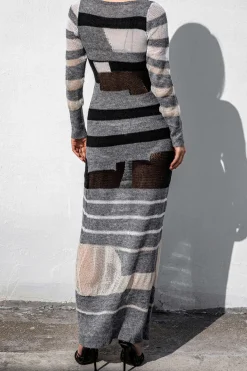 Contrast Long Sleeve Round Neck Open Knit Maxi Dress