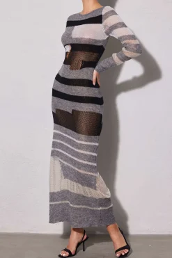 Contrast Long Sleeve Round Neck Open Knit Maxi Dress