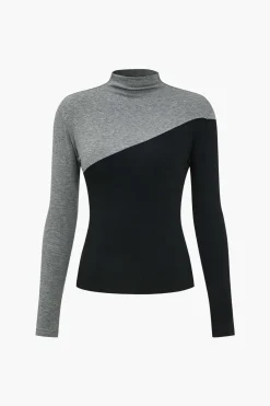 Contrast Mock Neck Long-Sleeve Top