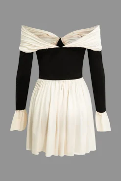 Contrast Off Shoulder Knot Bell Sleeve Pleated Mini Dress