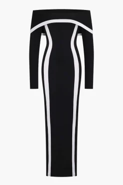 Contrast Off Shoulder Long Sleeve Maxi Dress