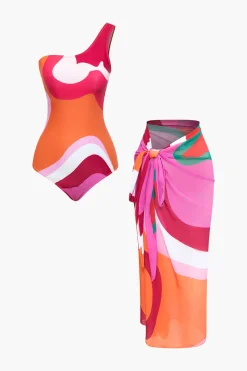 Contrast One Shoulder Bodysuit And Wrap Skirt Set
