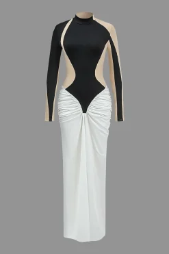 Contrast Patchwork Ruched Long Sleeve Maxi Dress