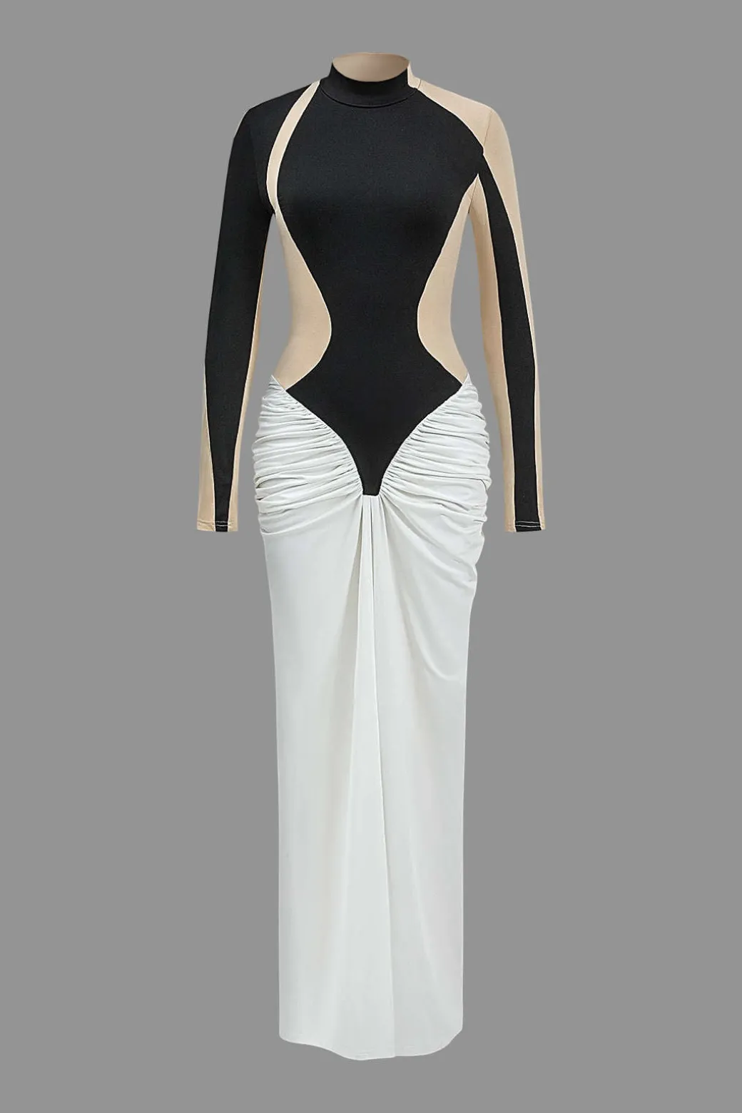Contrast Patchwork Ruched Long Sleeve Maxi Dress