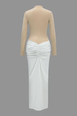 Contrast Patchwork Ruched Long Sleeve Maxi Dress