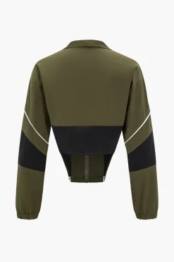 Contrast Patchwork Zipper Long-Sleeve Top And Skirt Set
