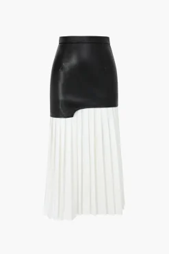 Contrast Pleated Faux Leather Midi Skirt