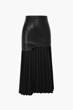 Contrast Pleated Faux Leather Midi Skirt