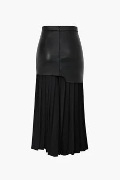 Contrast Pleated Faux Leather Midi Skirt