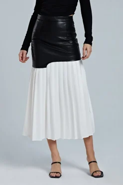 Contrast Pleated Faux Leather Midi Skirt