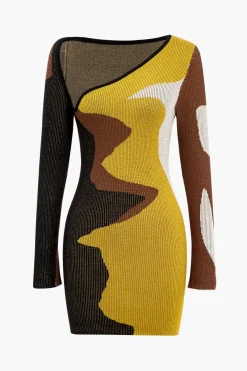 Contrast Print Sweater Asymmetrical Long Sleeve Dress