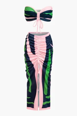 Contrast Ruched Slit Skirt Set