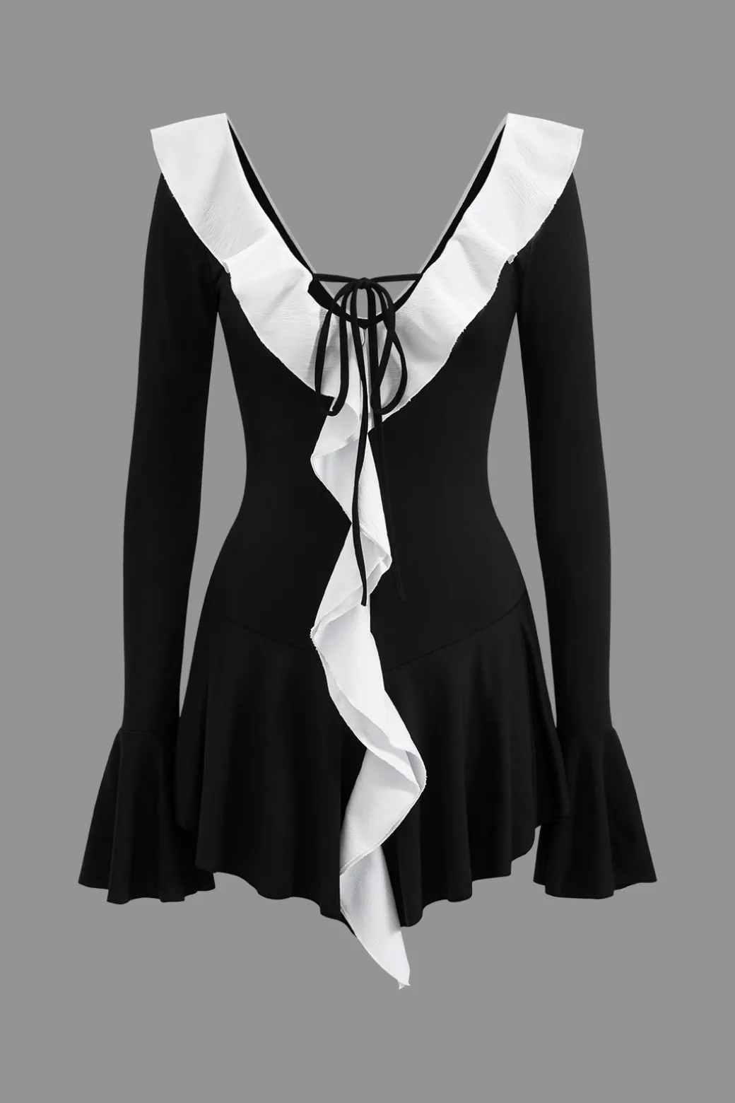 Contrast Ruffle Neck Tie Front Bell Sleeve Mini Dress