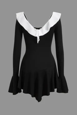 Contrast Ruffle Neck Tie Front Bell Sleeve Mini Dress