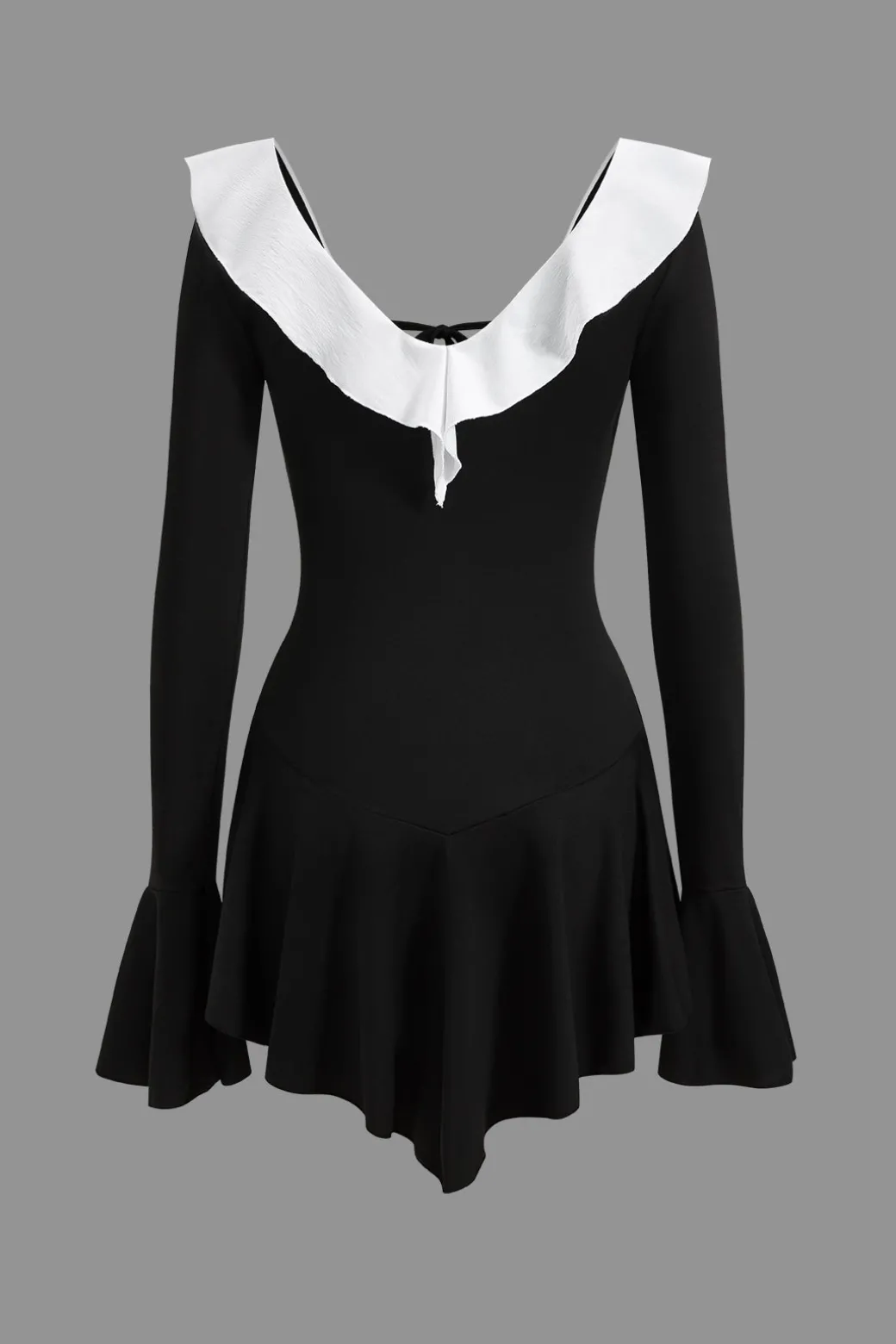 Contrast Ruffle Neck Tie Front Bell Sleeve Mini Dress