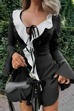 Contrast Ruffle Neck Tie Front Bell Sleeve Mini Dress