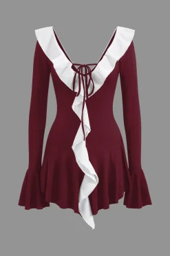 Contrast Ruffle Neck Tie Front Bell Sleeve Mini Dress