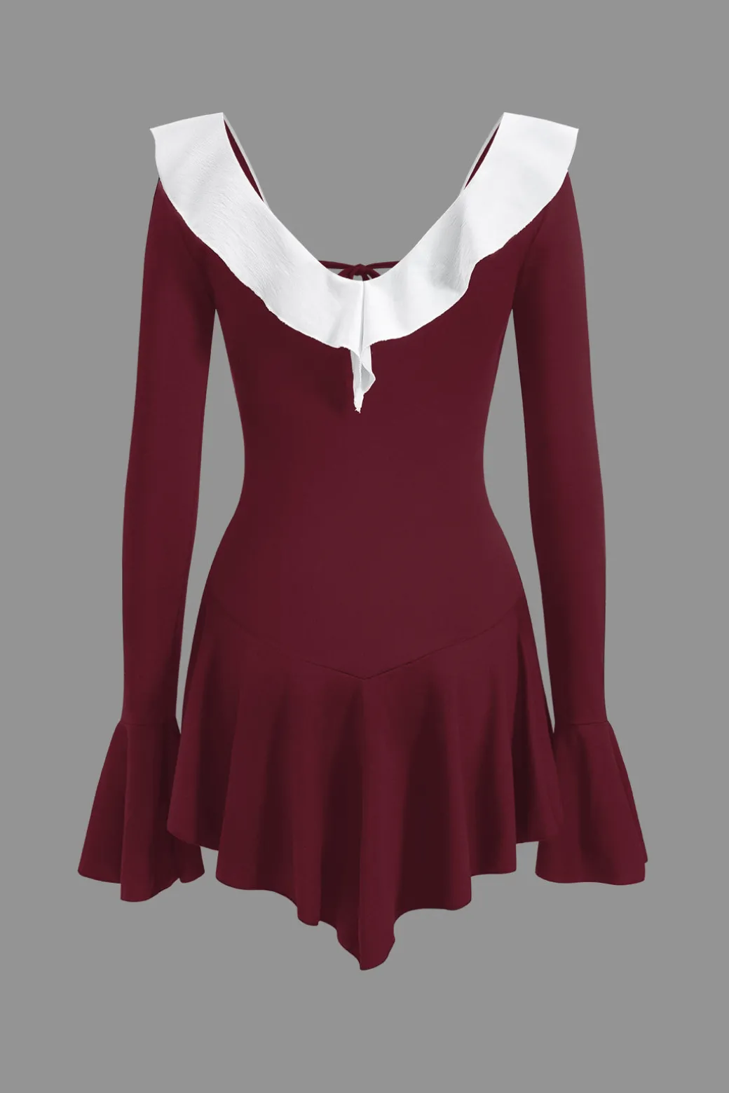 Contrast Ruffle Neck Tie Front Bell Sleeve Mini Dress