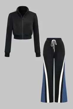 Contrast Stand Collar Zipper Jacket And Patchwork Denim Pants