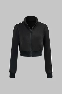 Contrast Stand Collar Zipper Jacket And Patchwork Denim Pants