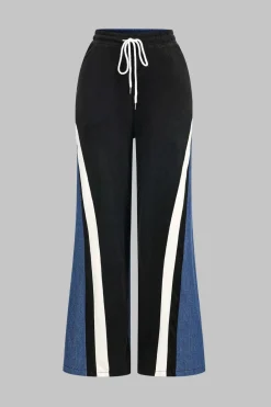 Contrast Stand Collar Zipper Jacket And Patchwork Denim Pants