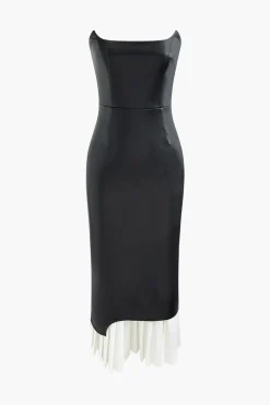 Contrast Strapless Faux Leather Pleated Midi Dress