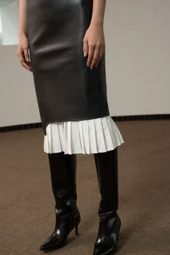 Contrast Strapless Faux Leather Pleated Midi Dress