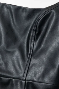 Contrast Strapless Faux Leather Pleated Midi Dress