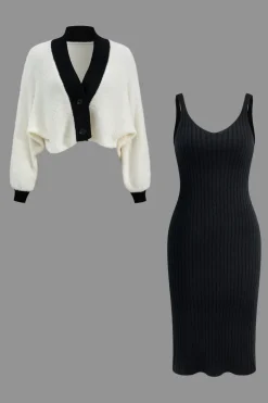 Contrast Sweater Button Cropped Cardigan And Slip Dress Set