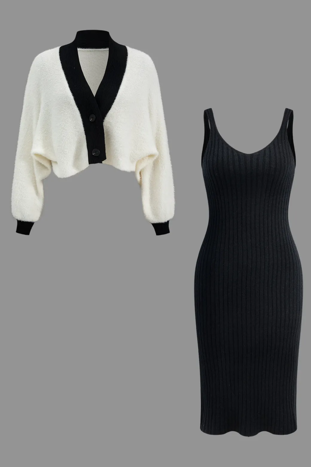 Contrast Sweater Button Cropped Cardigan And Slip Dress Set