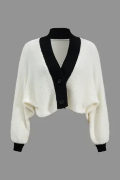 Contrast Sweater Button Cropped Cardigan And Slip Dress Set
