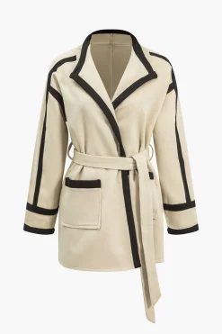 Contrast Trim Belted Wrap Coat