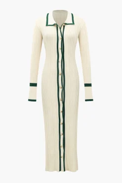 Contrast Trim Button Down Knitted Dress